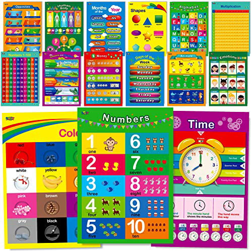 Alphabet Months of The Year,Money,Emotions,Human Body,Time,Opposites,Seasons,Weather Days of The Week Numbers 1-100 15 Laminated Educational Posters Multiplication Table Colors Shapes 