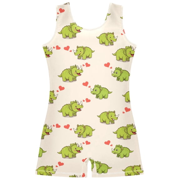 Gymnastics Leotard Sleeveless Green Dinosaur Heart Stretchy Dance Bodysuit Breathable Athletic Ballet Yoga Outfit for Ages 3-14