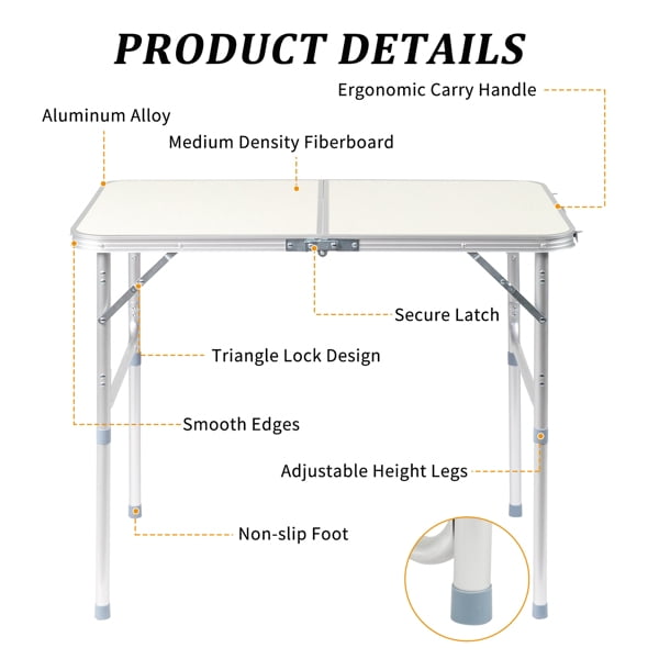 Alvantor 3 ft White Folding Camping Table with Carry Handle