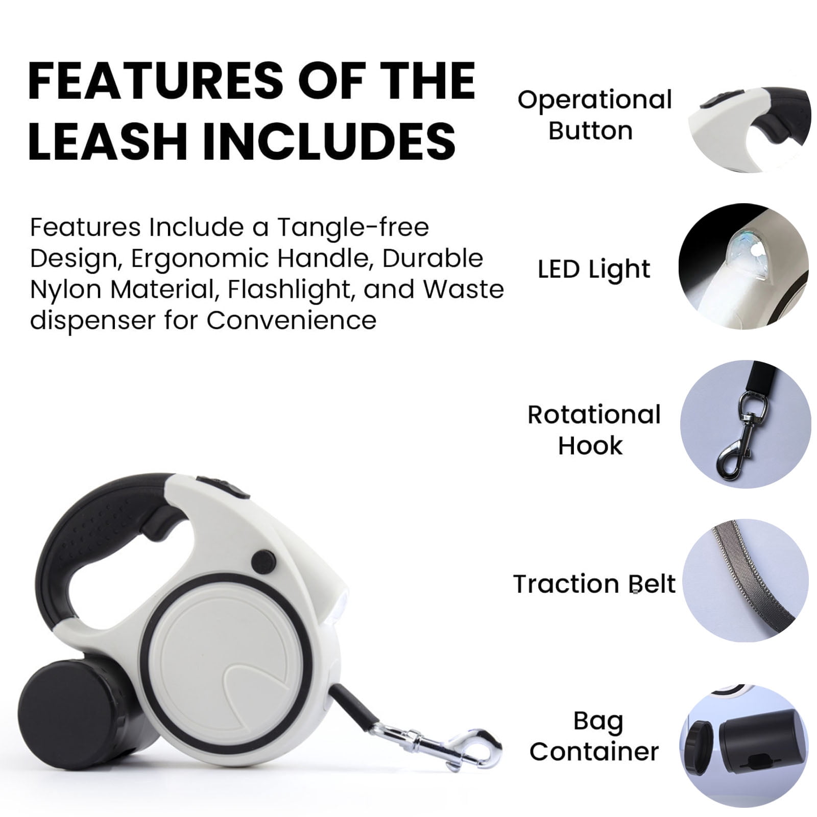 Retractable Dog Leash ,3-in-1 Dog Leash for Dogs With Flashlight，17-Foot Retractable Leash, Suitable for All Pets