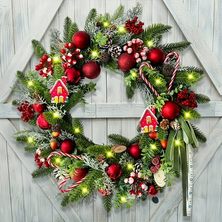 20 Inch Christmas Wreath with Red Decorations - Front Door Wreath with Berries & Ornaments, Indoor/Outdoor Use