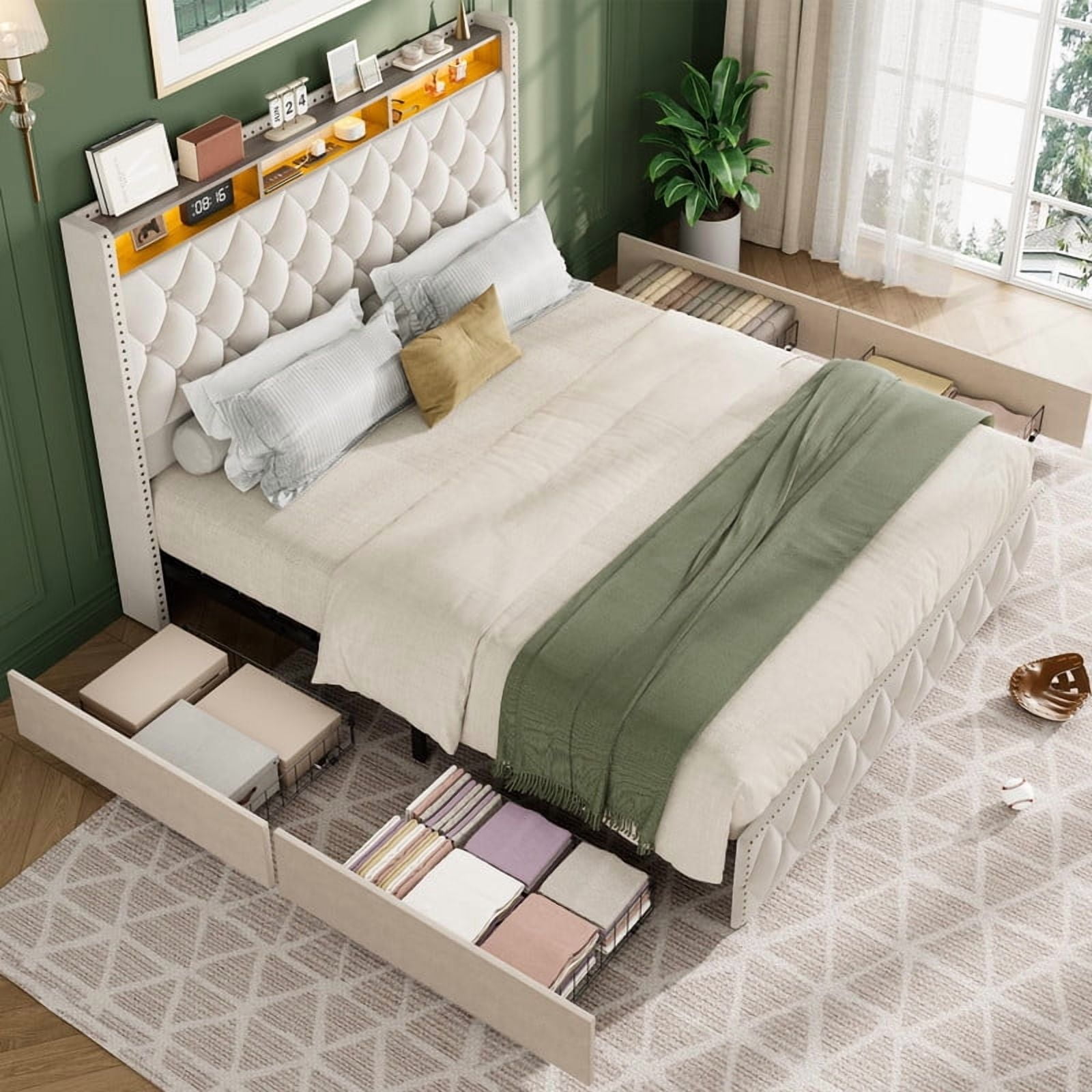 Towallmark Queen Size Bed Frame with 50.8" Tall Headboard, Platform Velvet Upholstered Bed Frame with 4 Storage Drawers, USB Charging Station, Led Lights, No Box Spring Needed, Easy Assembly,Gray