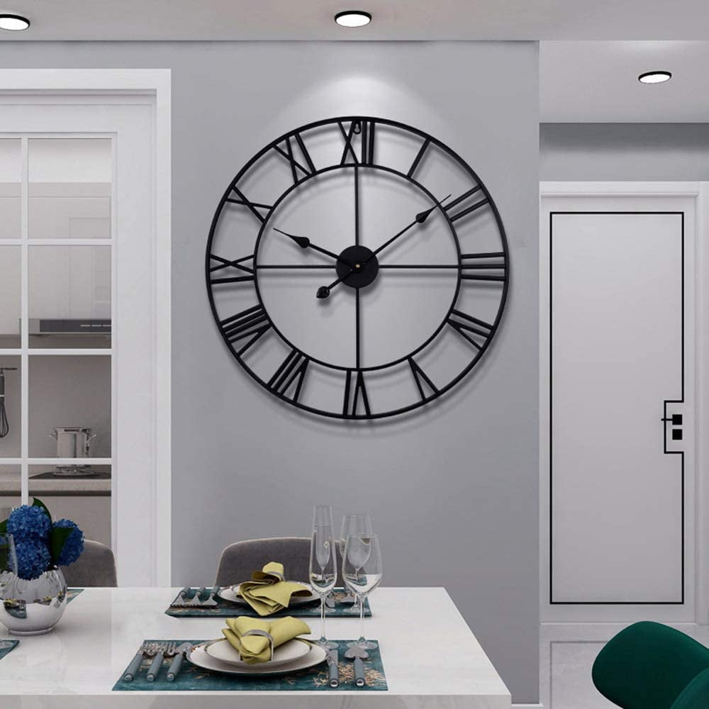 Large Vintage Silent Analogue Round Wall Clock Home Bedroom Kitchen Quartz Black 