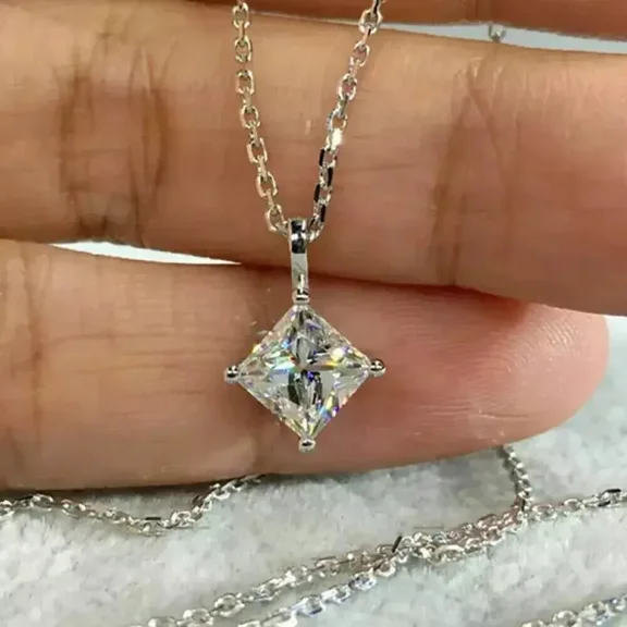 2Ct Princess Cut Lab Created Diamond Solitaire Pendant 14K White Gold Plated.