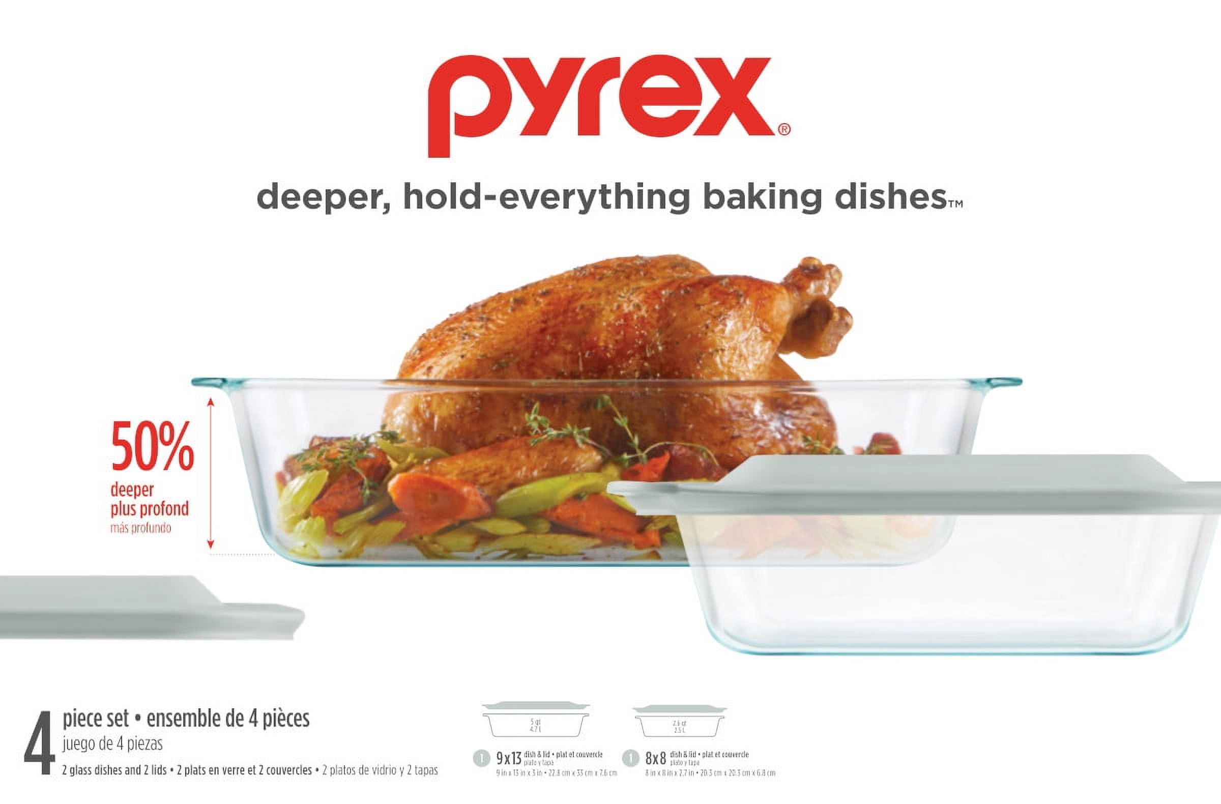PYREX Set 4 Pc 2 Glass Baking Dish 3 Depth With 2 Lids 5 Qt 3.1