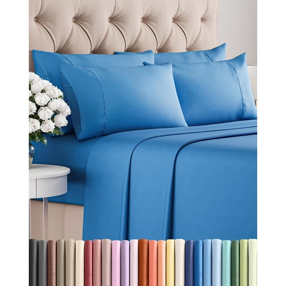 Queen 6 Piece Bed Sheet Set in Royal Blue with Deep Pockets