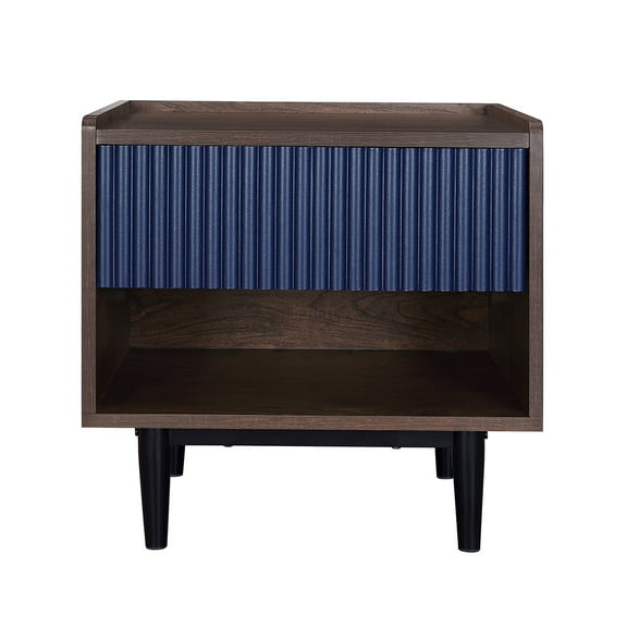 JERFIT Mid Century Modern Nightstand with Fluted Detail, 1 Drawer & Open Shelf, Navy Blue Bedside Table for Bedroom