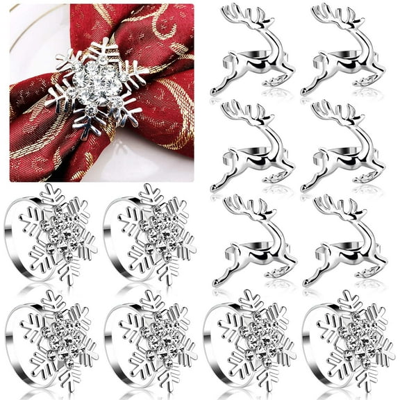 12PCS Christmas Napkin Rings Decoration, Rhinestone Elk Snowflake Silver Napkin Rings Holders for Wedding Birthday Party Dinner Supplies