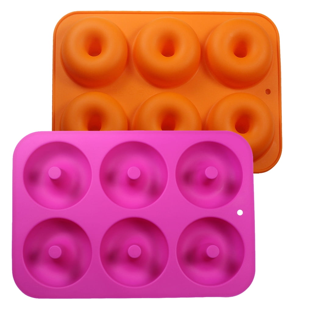Set of 2 Donut Baking Pan Non-Stick Silicone Donut Pan 6-Cup - Silicone Donut Molds Donut Baking Tray with 6 Cavity, Ideal for Cake, Biscuit, Bagels and Muffins, Orange and Rose Red