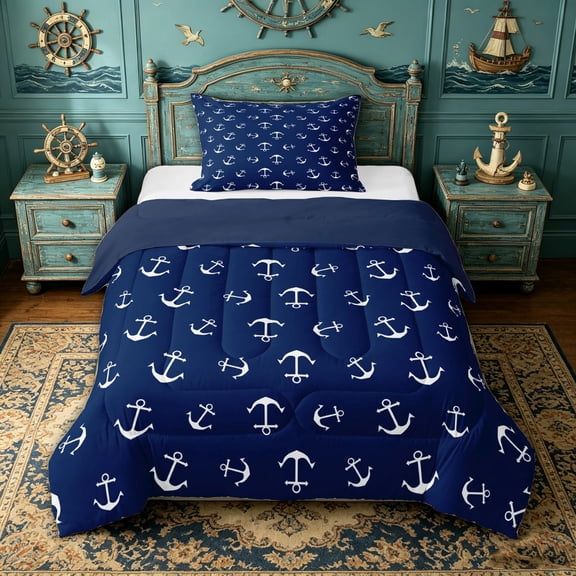 spefrowx Ocean Anchor Twin Comforter Sets for Men, Navy Nautical Marine Bedding Set, Navy Reversible, 2 Pieces, 1 Comforter and 1 Pillowcase