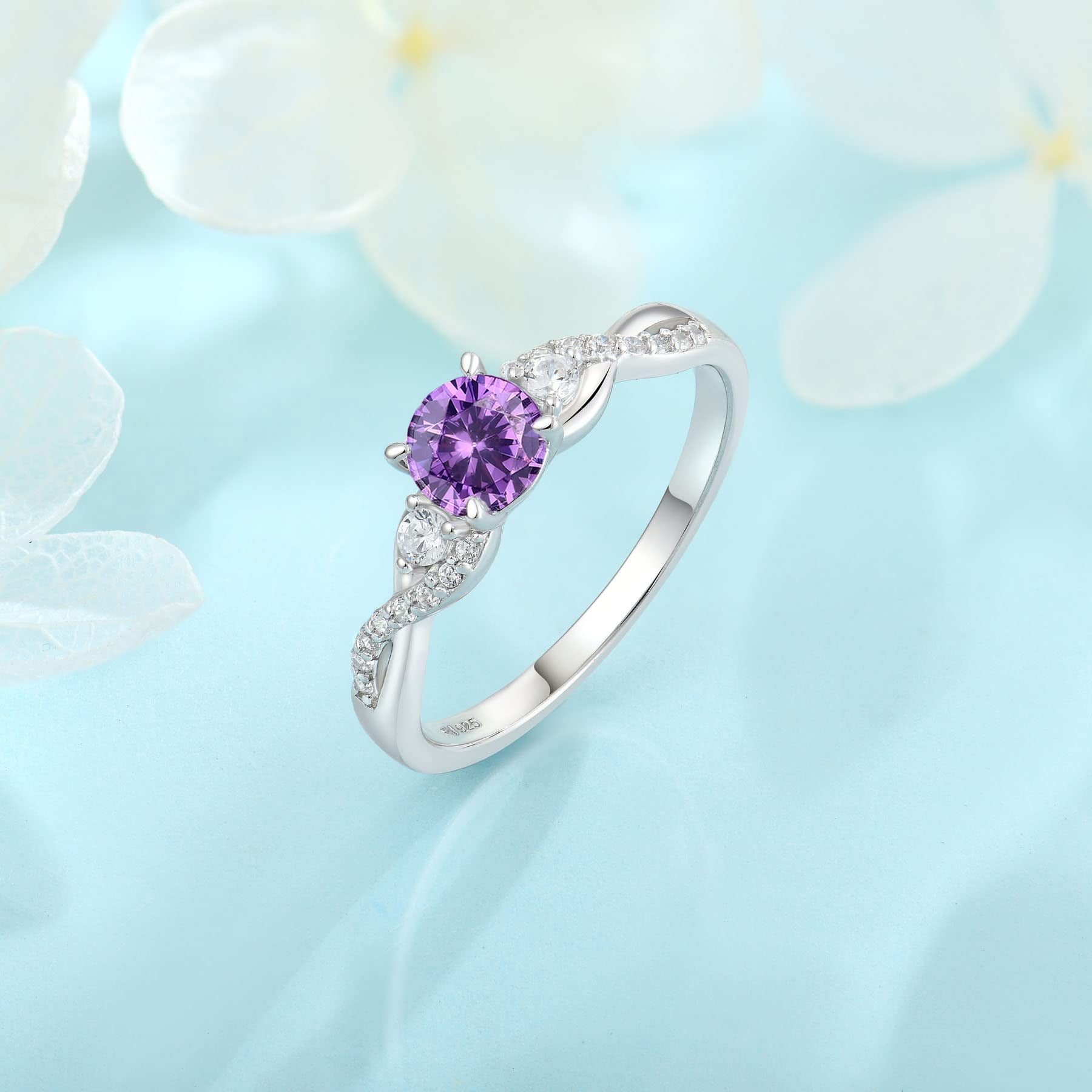 FJ Promise Rings for Her 925 Sterling Silver Engagement Ring Anniversary Wedding Eternity Ring Amethyst February Birthstone Jewelry for Women Size 8