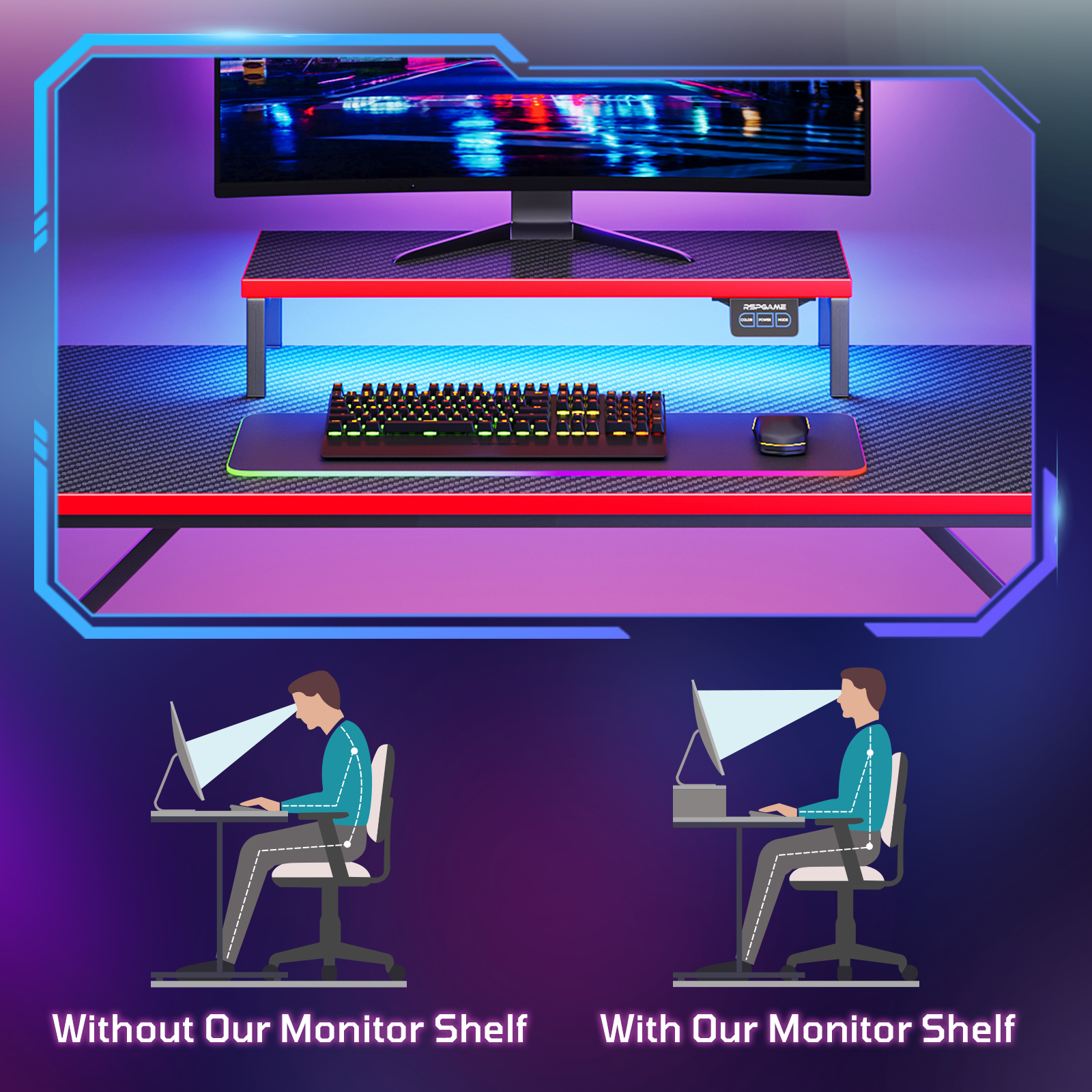 RSPGAME 39" Gaming Desk with LED Lights and Monitor Stand, Red photo 8
