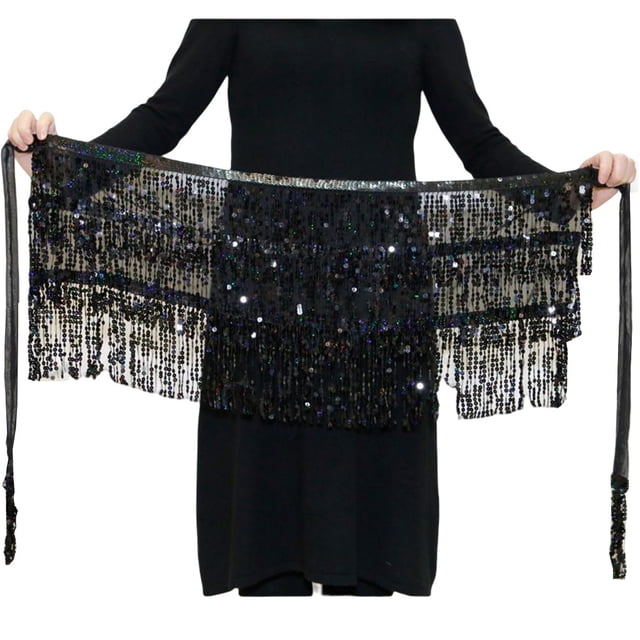 Minnieouse a la cadera para danza del vientre a la moda, faldas con borlas, multicolor, hermosa lentejuela, diamantes de imitación brillantes, Prendas para la parte inferior del cuerpo Negro