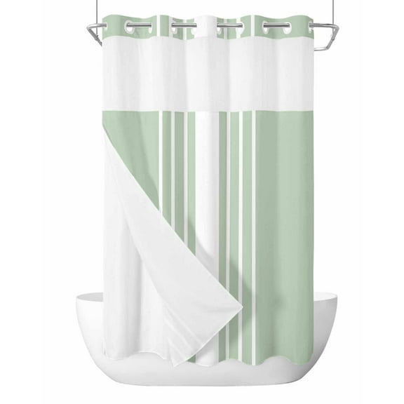 No Hook Cloth Fabric Shower Curtain with Snap in Liner, Sage Green White Stripe Waterproof Shower Curtains Set with See Through Top Window, Modern Rustic Vertical Striped Bath Curtains Shower 36"x72"