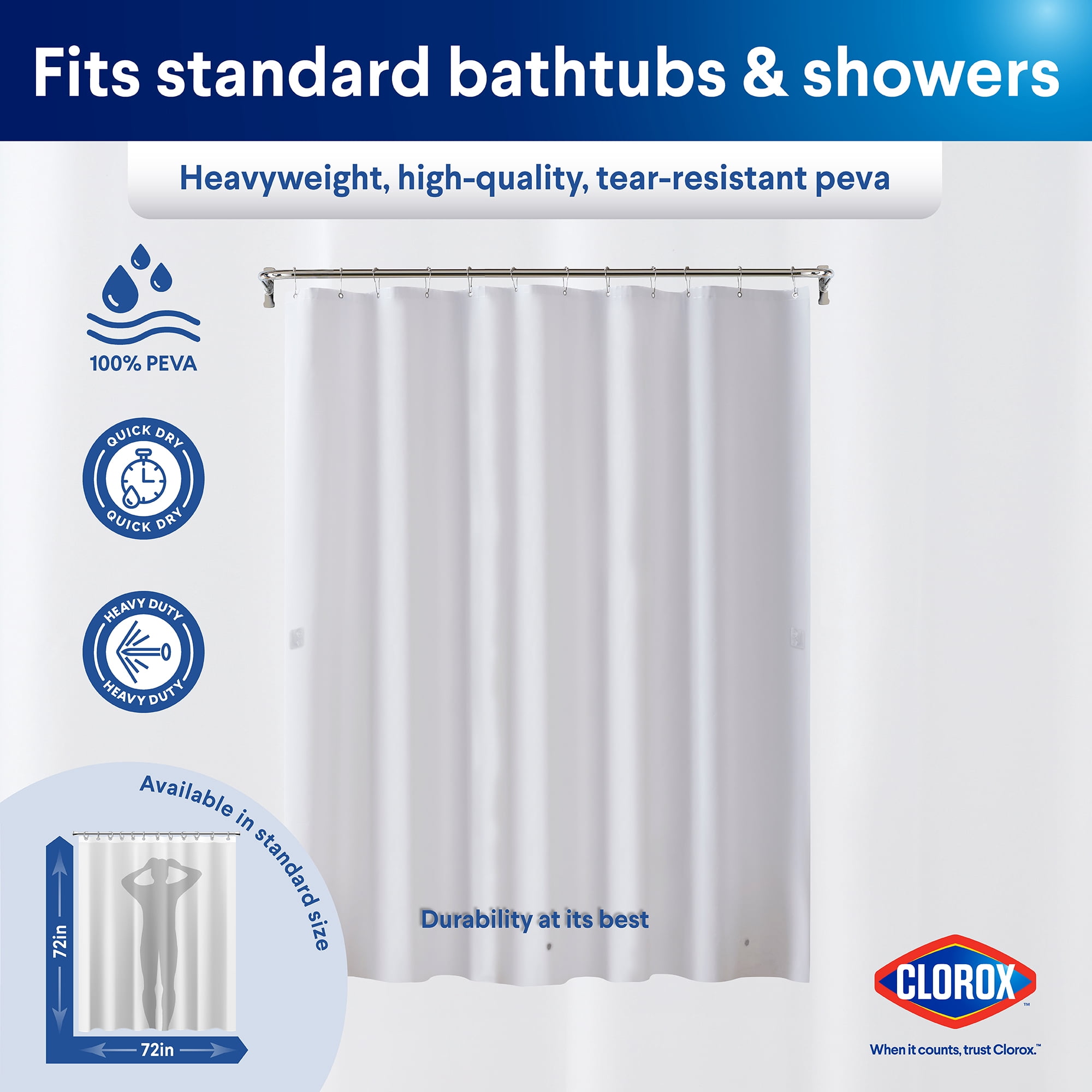 Clorox Shower Curtain Liner Heavyweight Waterproof PEVA with Metal Grommets 72" x 72" Frosty