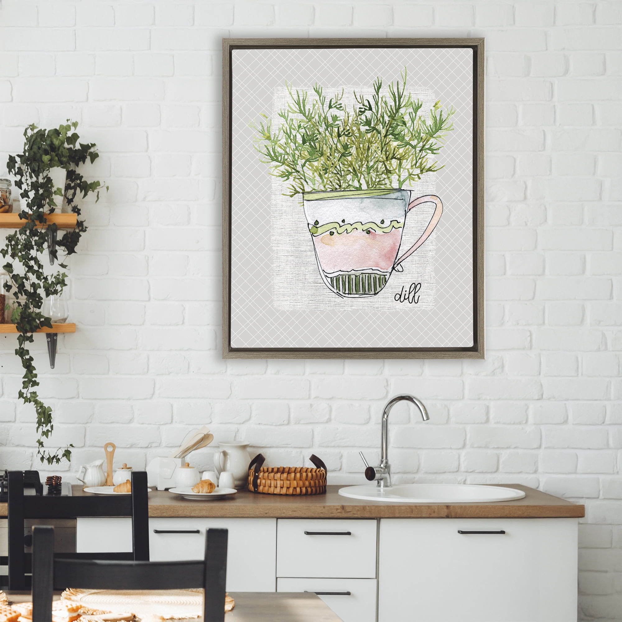Stupell Industries Dill Herb Mug Brown Framed Floater Canvas Wall Art, design by Livi Finn