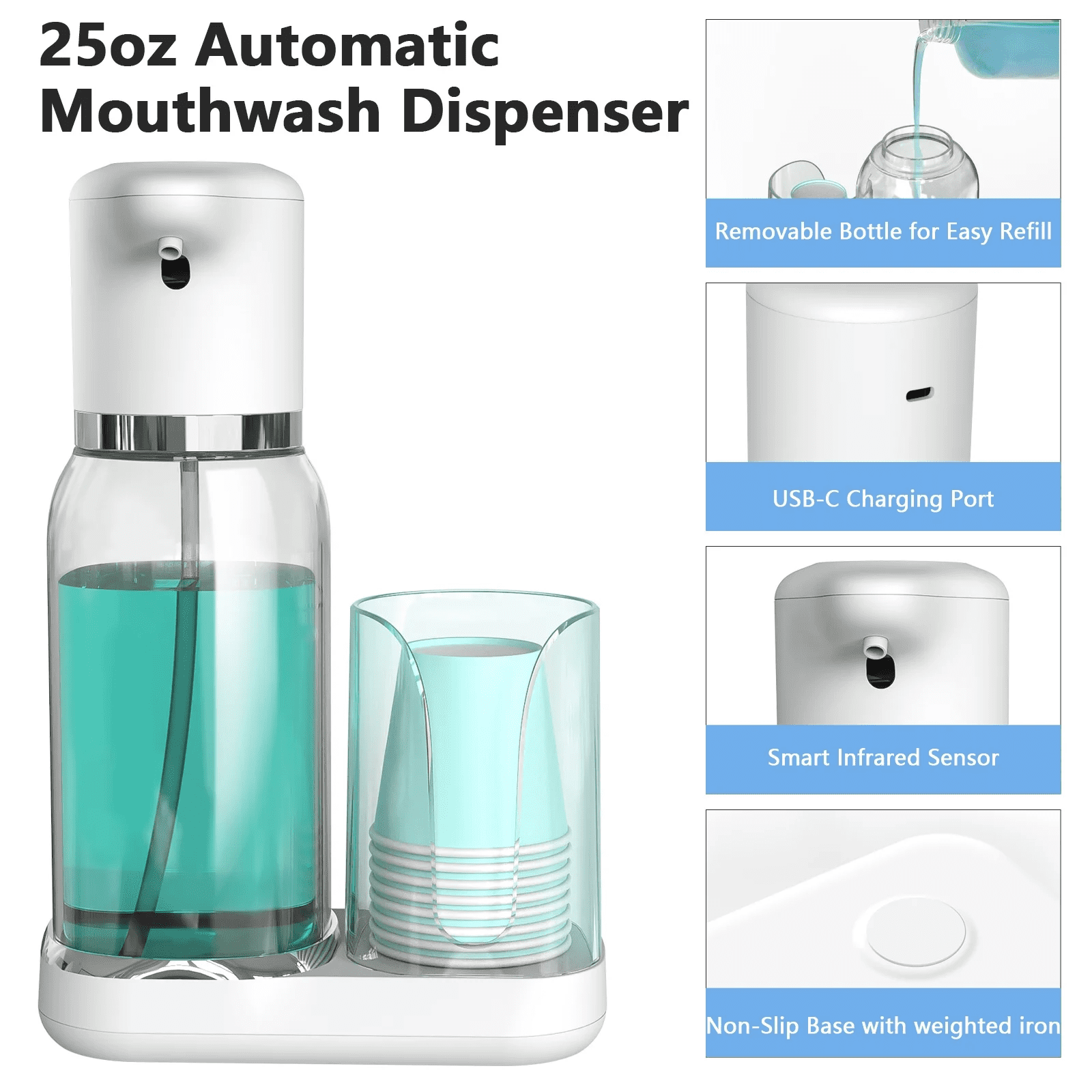 Luvan 25oz Electric Mouthwash Dispenser for Bathroom,Plastic Automatic Mouth Wash Dispenser with Cup Holder
