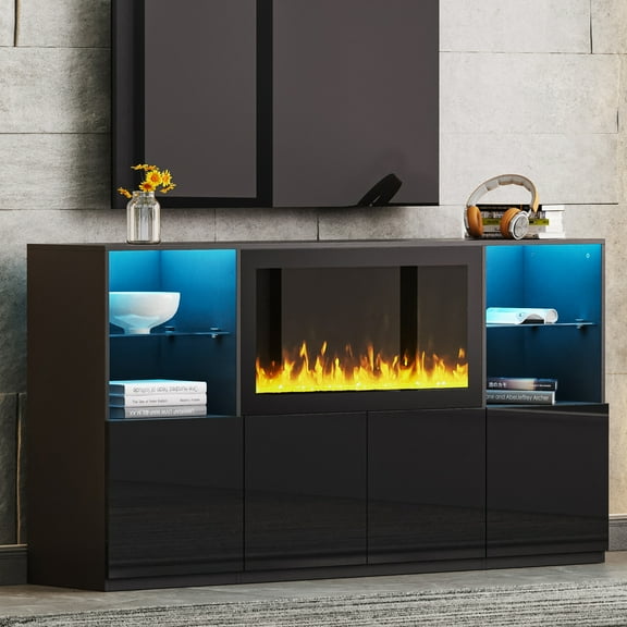 ON-TREND Black High Gloss TV Stand for TVs up to 75", 67.7" Modern Media Console with 34.2" Non-Heating Electric Fireplace, LED Lights, 4 Cabinets, Tempered Glass Shelves, Living Room