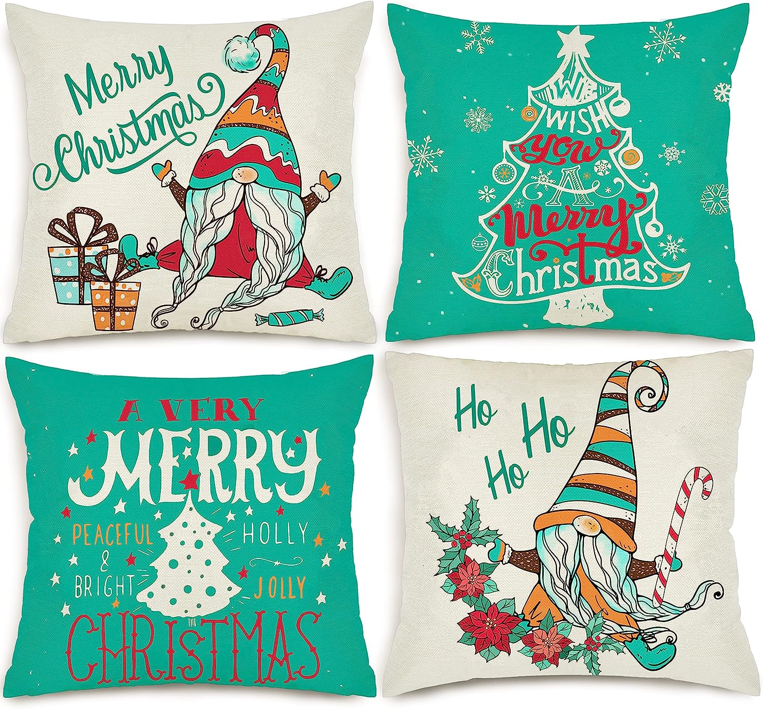 Christmas Throw Pillow Covers 20x20 Xmas Outdoor Pillow Case Set of 4 Teal Christmas Decor Gnome