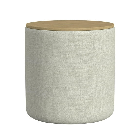 Mesy Storage Ottoman, Brown 19 Inch Round Tray Top, Gray Woven Fabric
