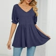 thumbnail image 4 of Women Summer Loose Top Mid Length Puff Sleeve V Neck Ruffle Hem Blouse for Female Navy Blue S, 4 of 7