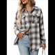 thumbnail image 2 of Camisa Abotonada para Mujer, Camisa A Cuadros, Larga, Solapa, Informal, para Negocios, Trabajo Gris M, 2 of 10