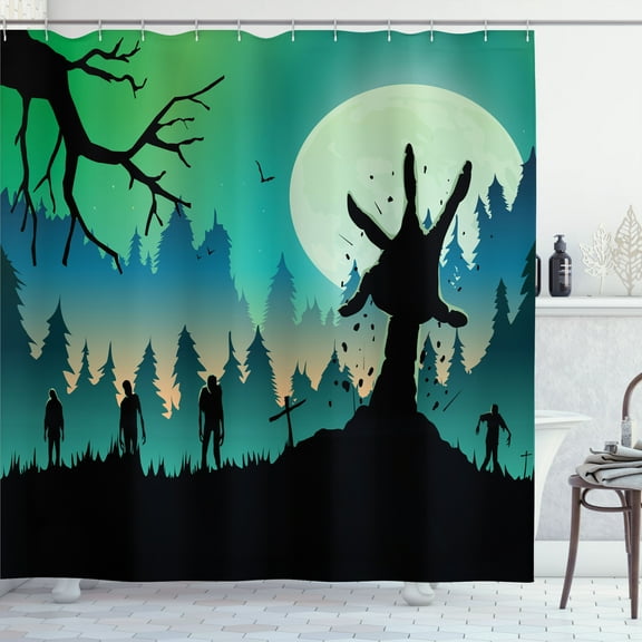 Ambesonne Halloween Shower Curtain, Zombies on Forest Hill, 69"Wx70"L, Charcoal Grey Green and Teal