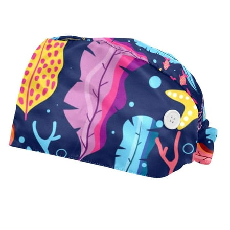 

2PCS Working Cap with Buttons and Sweatband Adjustable Tie Back Hats Bouffant Caps Starfish Scrub Turban Hat