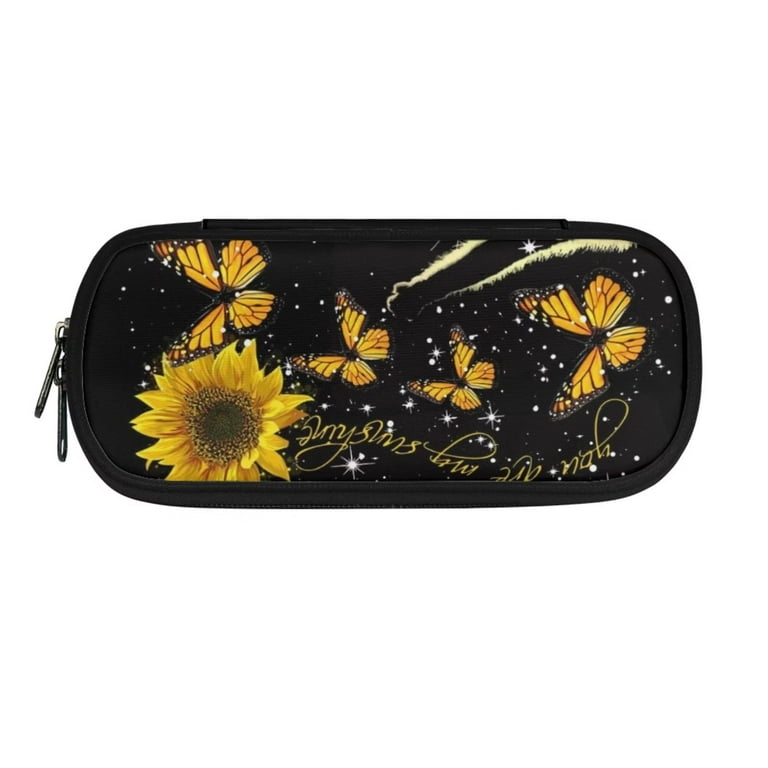 Suhoaziia Middle School Teen Girls Pencil Box,Portable Sunflower Butterfly Pencil Bag Pouch Holder Bag,Waterproof Pen Pencil Case School Supplies with