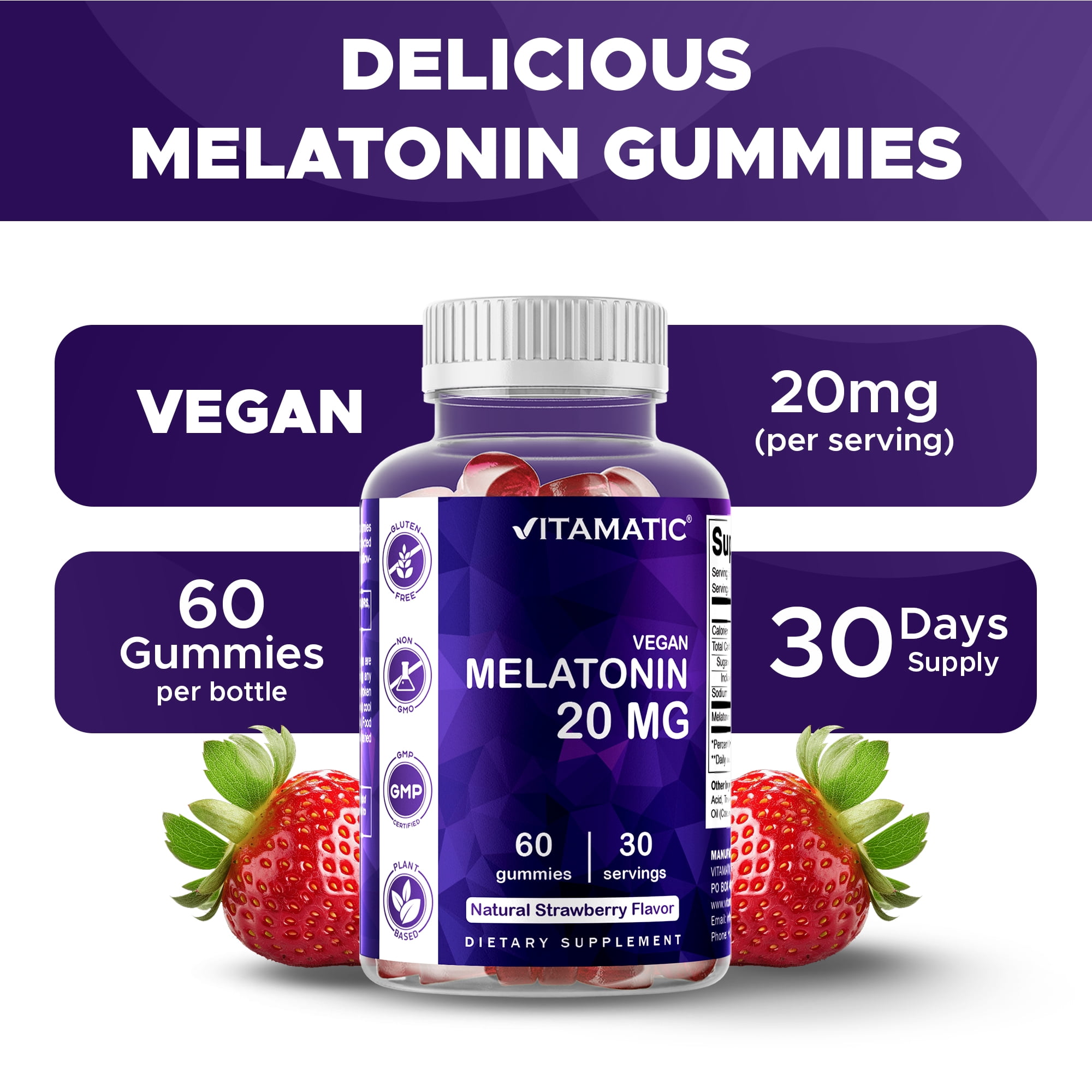 3 Pack Vitamatic Melatonin 20mg gummies for adults, 30 Servings - 60 Vegetarian Gummies - Non-Habit Forming Supplement
