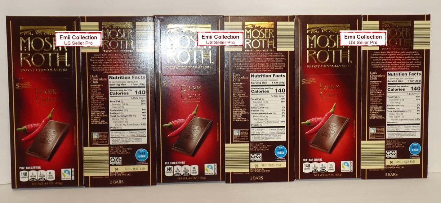 Moser Roth Privat German Chocolate Dark Chili 4.4oz 125g (6 Bars)