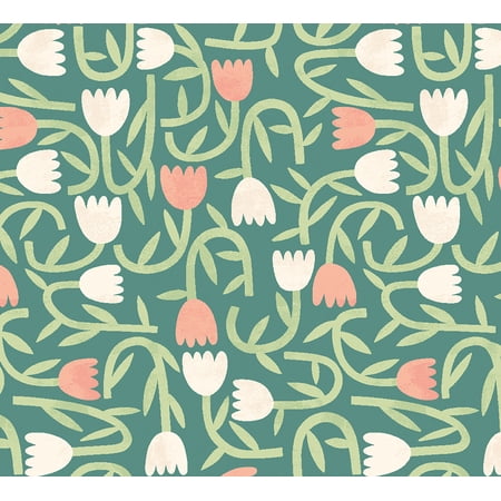 ohpopsi Aino Green Tiny Tulip Unpasted Non Woven Wallpaper, 19.7-in by 33-ft., 54.2 sq. ft.