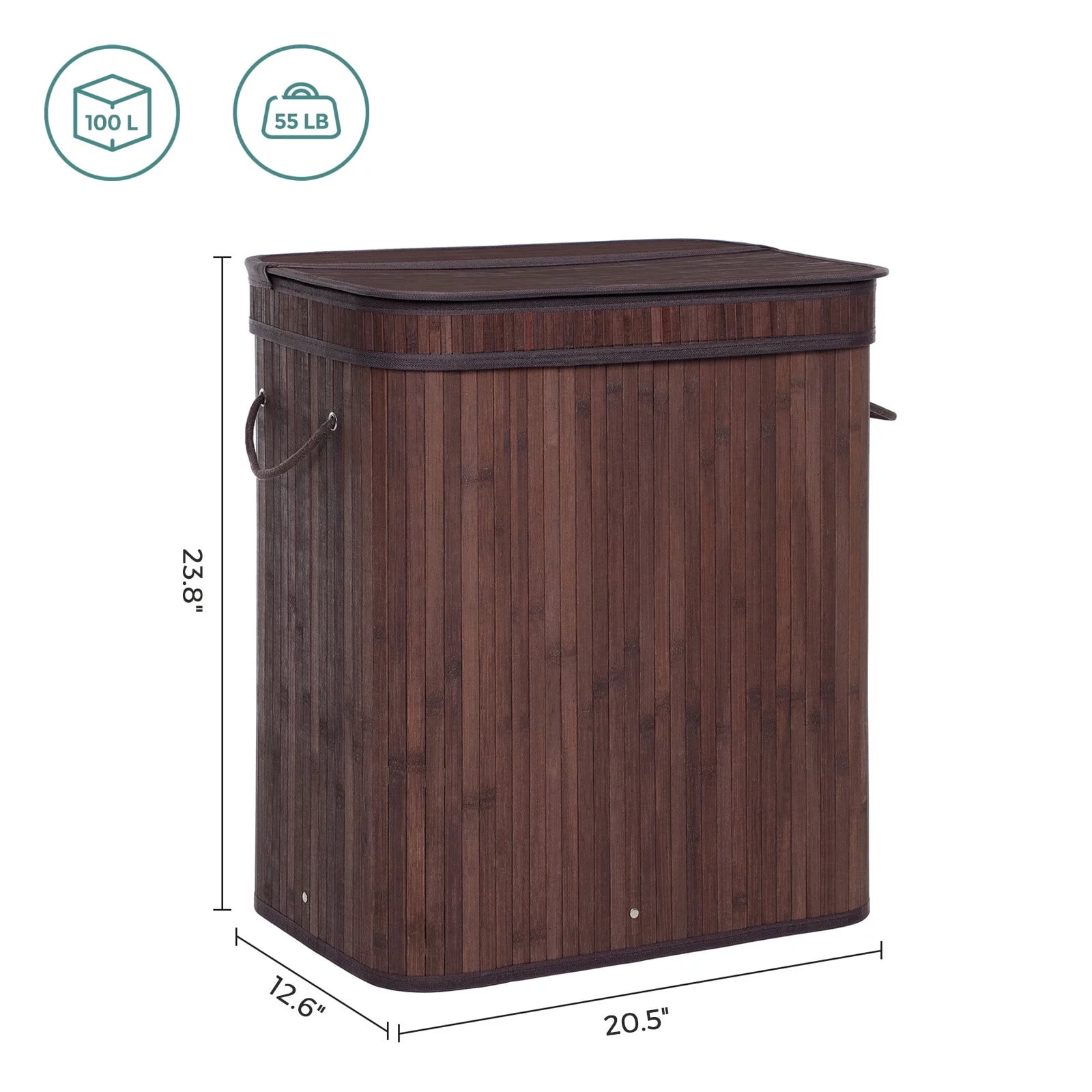 TEAFIRST 100L Large Bamboo Laundry Hamper, Clothes Storage Organiser Bag, Basket with Lid, Brown