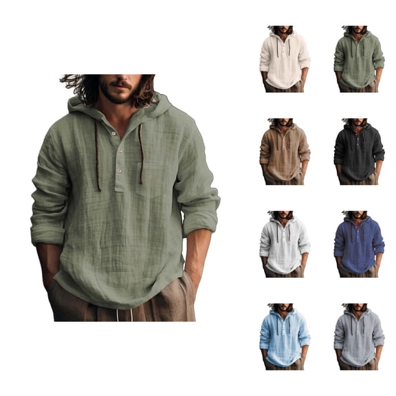 Cotton Linen Hooded Shirts for Men Long Sleeve Lightweight Breathable Pullover Shirts with Hood and Drawstring