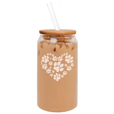 16oz Can Shaped Glass Iced Coffee Cup with Bamboo Lid and Straw Gift Heart Paw Prints