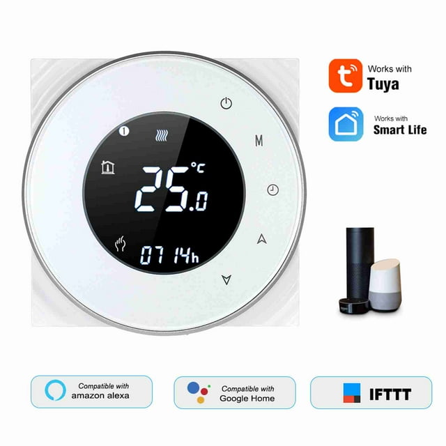 Gas Programmable Gas Boiler Heating Thermostat Dry Contact Temperature Controller Touchscreen LCD with Backlight Voice Control Compatible with Echo/ Home/IFTTT