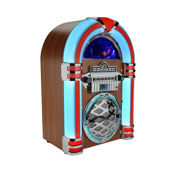 VICTOR Wilshire Desktop Bluetooth® Jukebox with FM Radio and Multicolor LED Lighting, Mahogany (VDTJ-1450-MH)