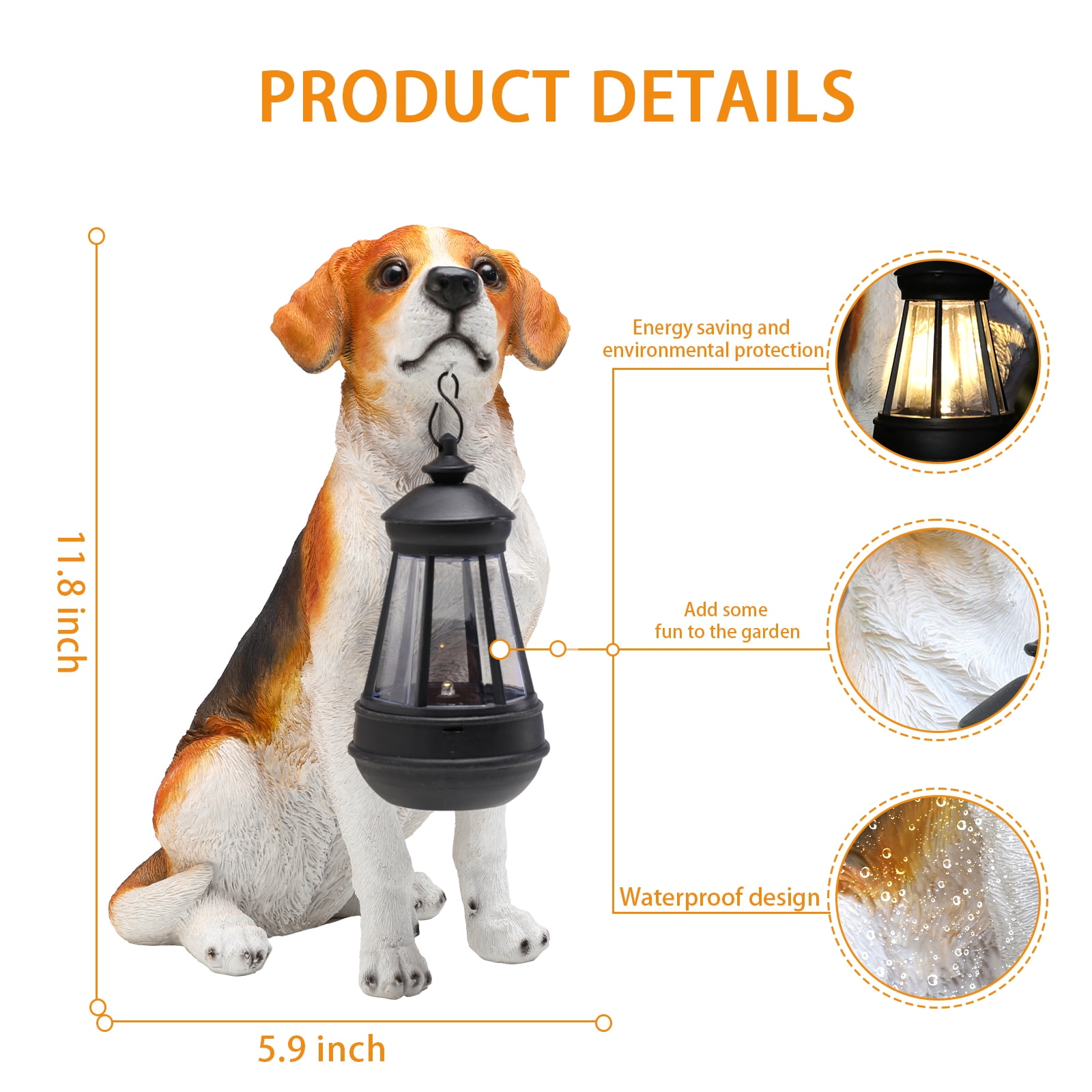 11.8 Inch Beagle Garden Statue with Solar LED Lantern,Dog Statue,Resin Pet Decor for Patio, Lawn & Outdoor Spaces