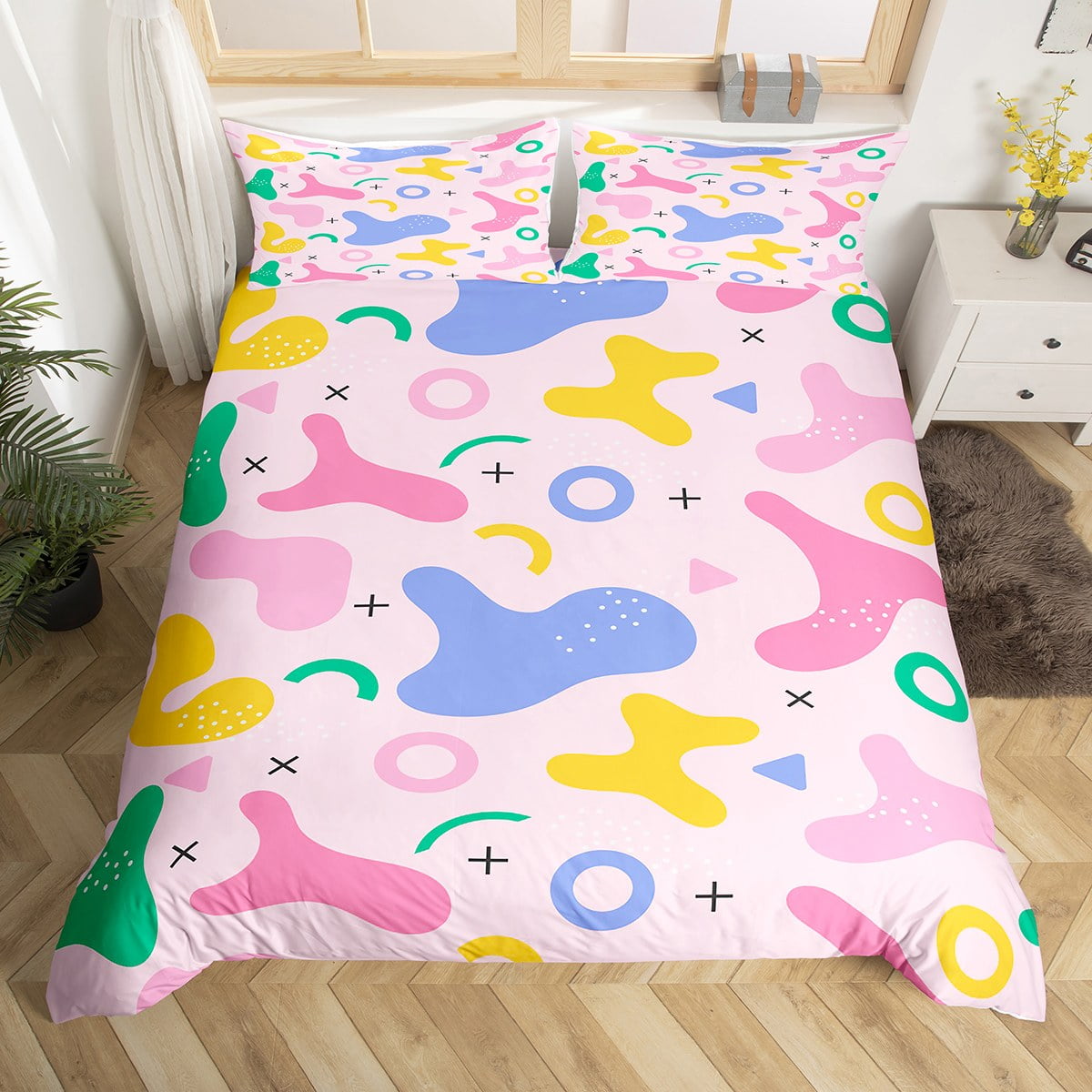 Cow Print Duvet Cover Hipster Memphis Bedding Set,80s and 90s Hip Hop