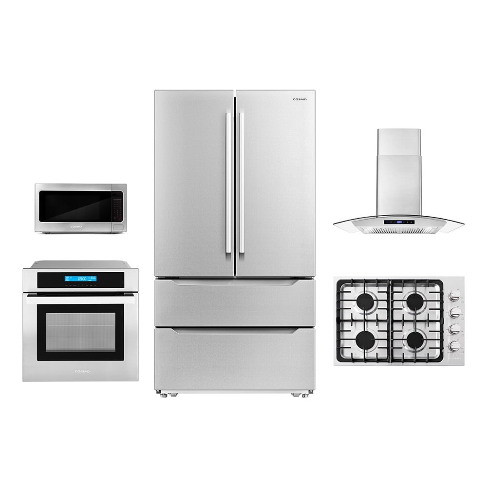 Cosmo 5 Piece Kitchen Package With 36" Gas Cooktop 24" Single Electric Wall Oven 24.4" Countertop Microwave French Door Refrigerator & 24" Built-in Fully Integrated Dishwasher