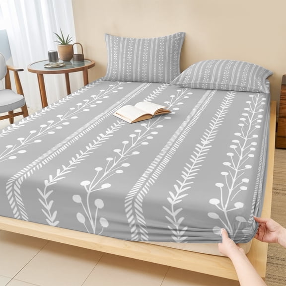 King Size Fitted Sheet Set - Modern Minimalist 3 Piece Bedding Sets 16" Deep Pocket Fitted Sheet with 2 Pillowcases, Rustic Botanical Stripes Boho Gray Brushed Microfiber Hotel Luxury Bed Sheets