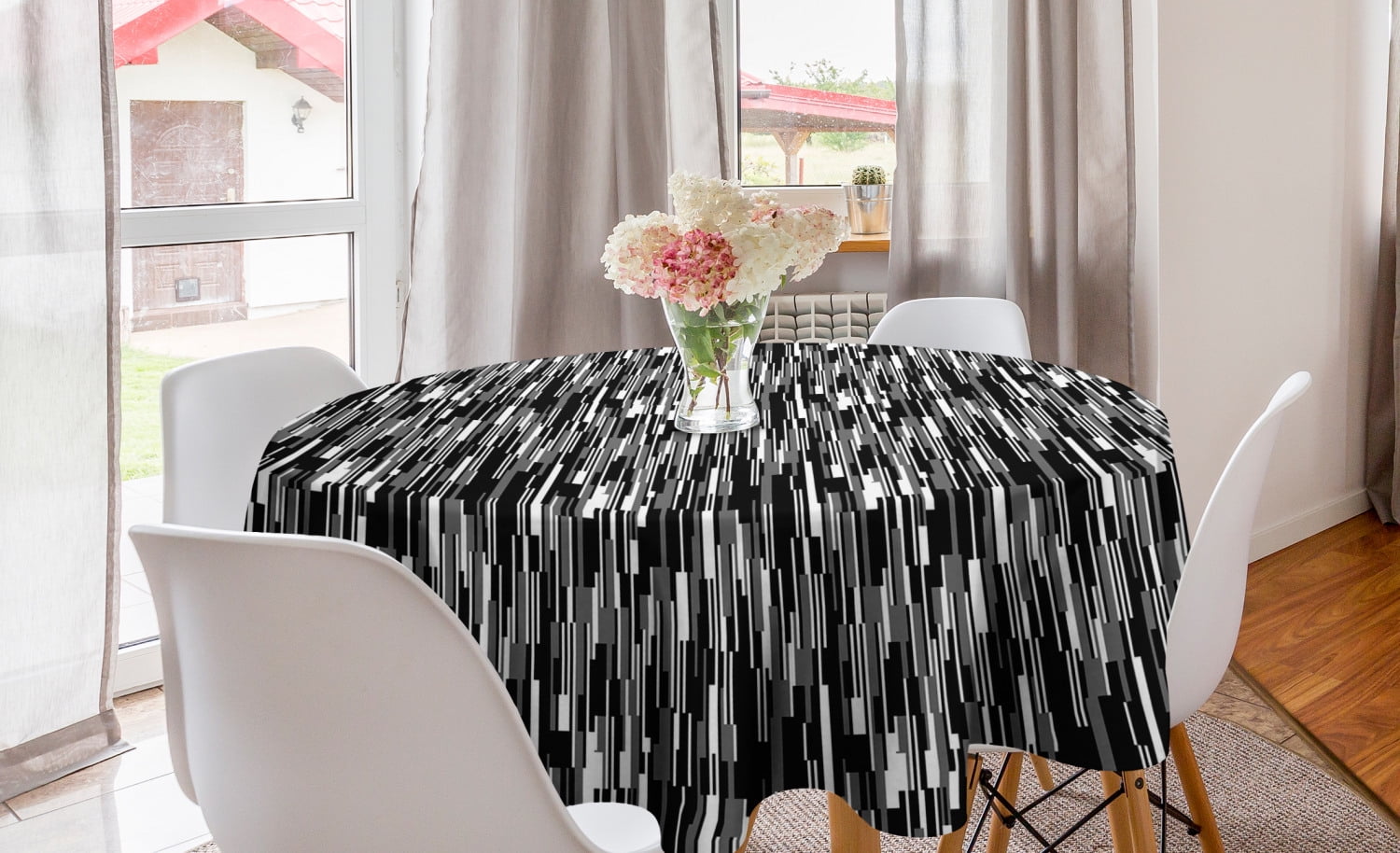 Black and White Round Tablecloth, Barcode Pattern Abstraction Vertical