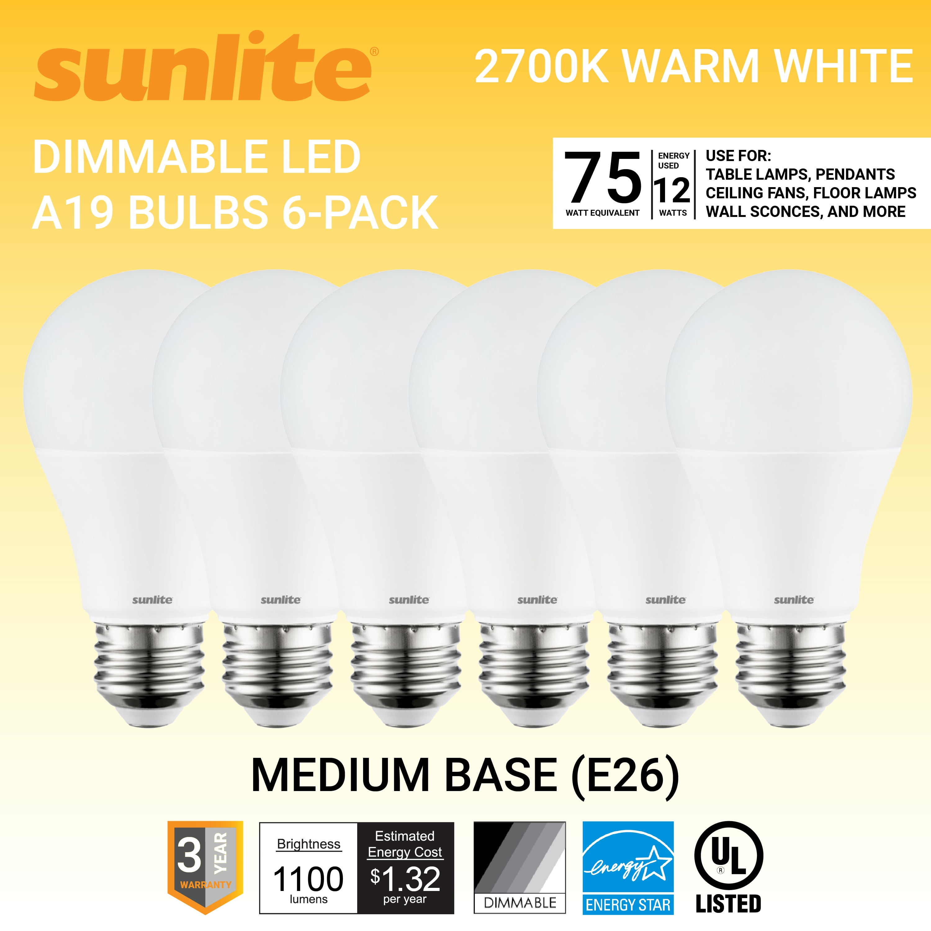6 Watt 6-Pack Sunlite LED Edison-Style A19 Bulb Dimmable 2700K Warm White 