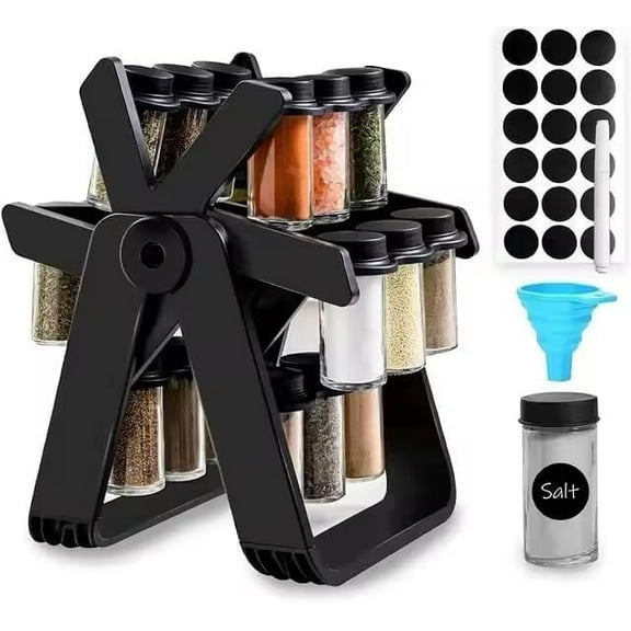 Rotating Ferris Wheel Spice Rack Set, 6-Tier Rotating Spice Rack Organizer for Cabinet Counter with 18 Glass Spice Cans, Funnel Label, Seasoning Organizer, Kitchen Organization and Storage, Black