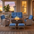 thumbnail image 2 of Patiobula Patio Furniture Set with Propane Fire Pit Table, 7 Pieces Outdoor Sectional Couch, Gray Wicker Rattan Conversation Loveseat Glider with Swivel Chair Ottomans for Backyard Deck, Navy, 2 of 15