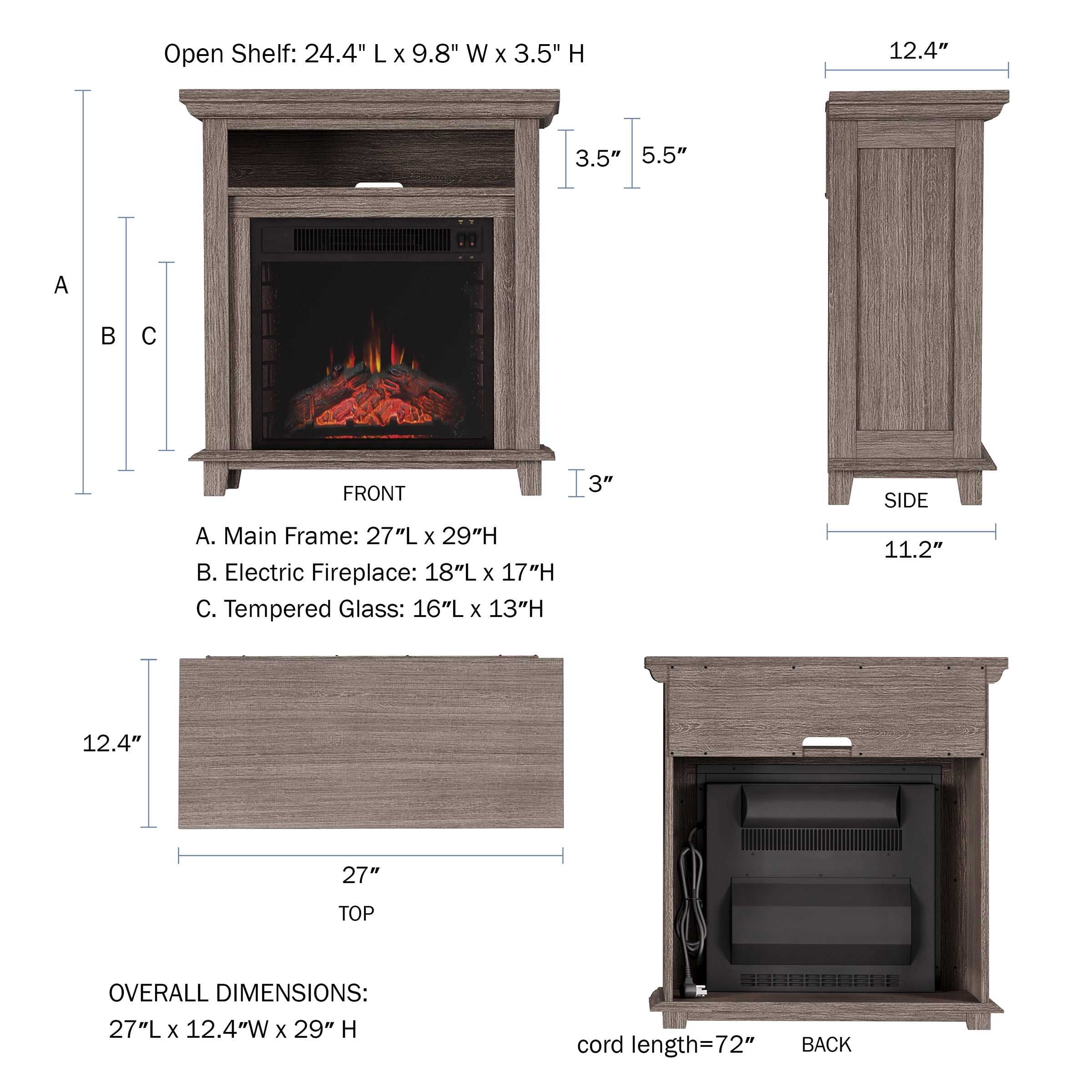 Electric Fireplace TV Stand for 32-Inch TVs – Console with Shelf, Faux Logs, and LED Flames – Heats Rooms up to 400-Square-Feet by Northwest (Gray)