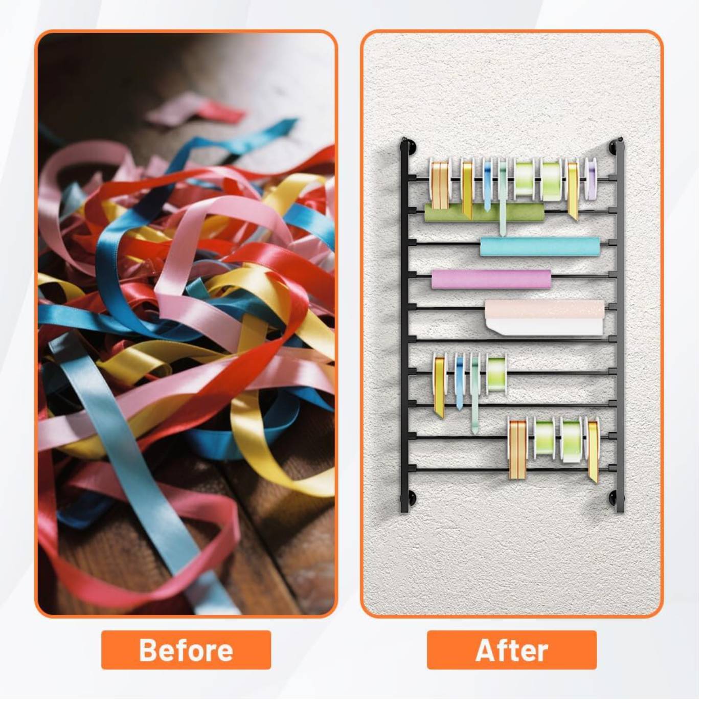 Reykilor 10 Tier Wall Mounted Ribbon Storage Organizer Metal Ribbon Display Shelf Wrapping Paper Rack Holder for Sewing Craft Mesh Thread Tape Crochet