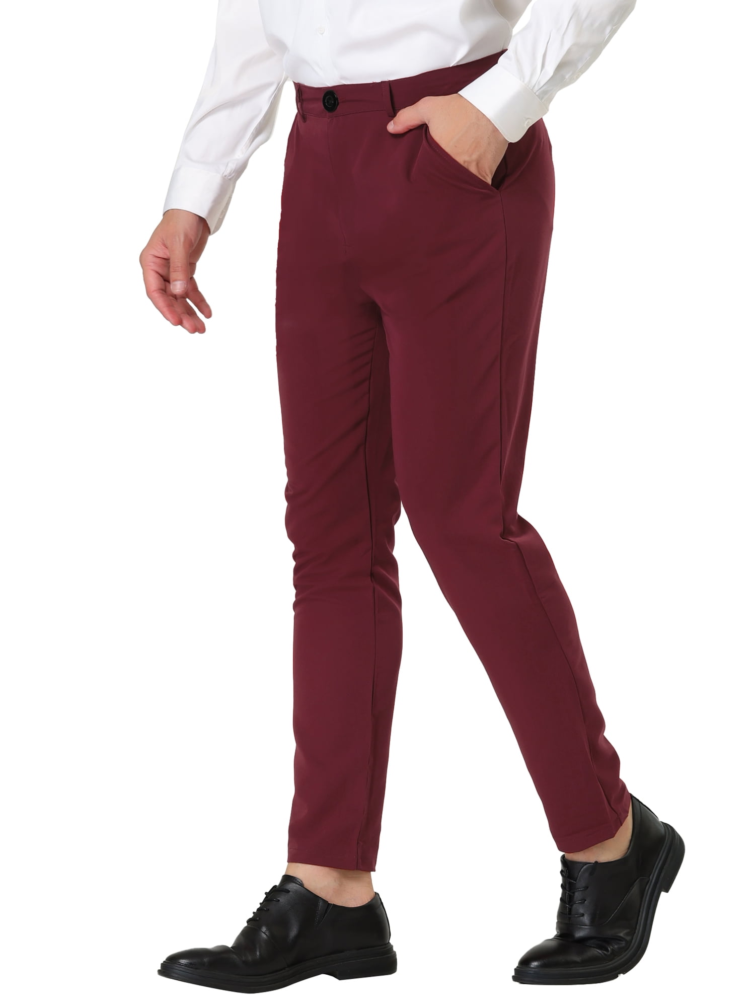 Unique Bargains Men's Slim Fit Flat Front Solid Color Business Chino Trouser 38 Burgundy