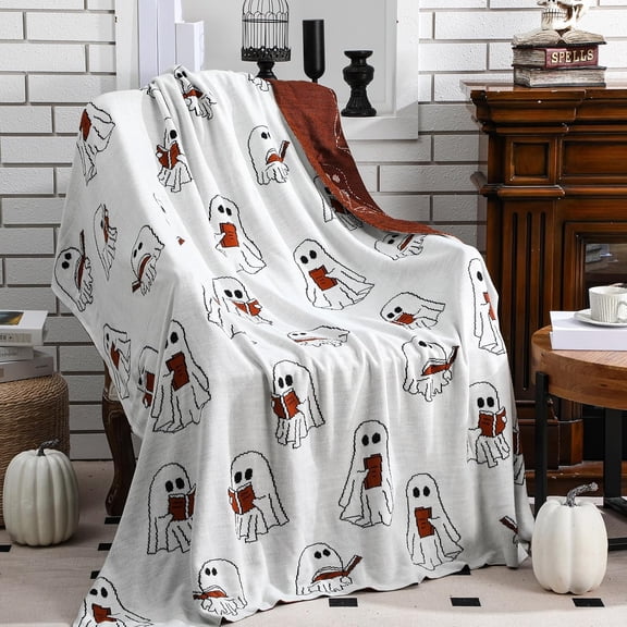 Halloween Ghost Throw Blanket, Cute Ghost Pattern Reading Blanket for Sofa Bedroom Home Decor, Soft Fall Holiday Blanket for Halloween Party Indoor Decoration