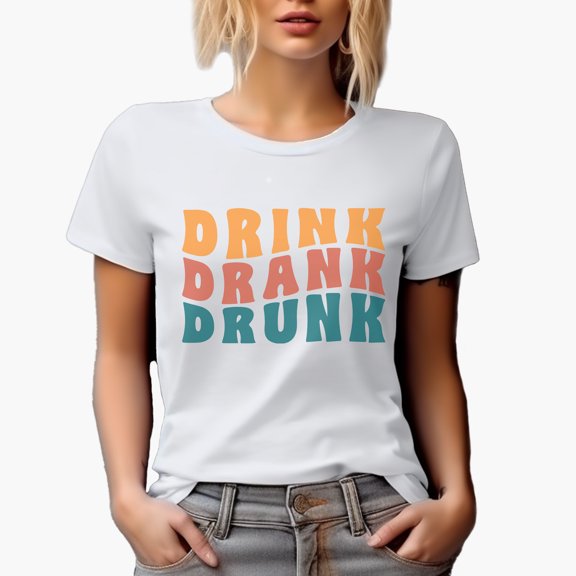 Drink, Drank, Drunk, Groovy Retro Wavy Text Merch Gift, White T-Shirt, Small